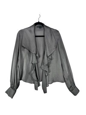 Ralph Lauren Black Label Silk Blouse Jacket Gray Ruffle Open Front Size 2